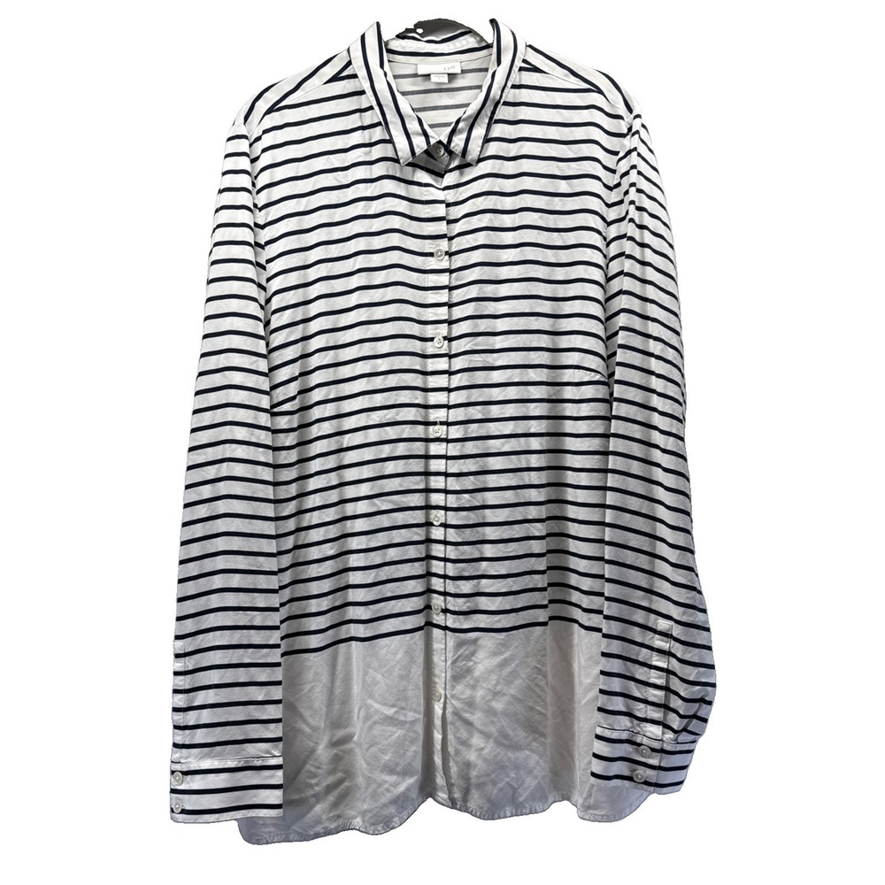 J Jill Women's Top Size Large Black White Stripe Button Up Long Sleeves Rayon